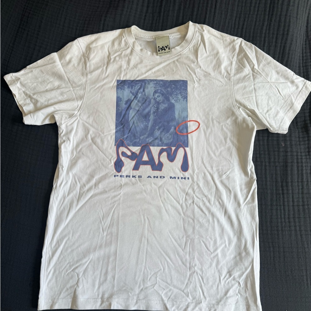 Perks and Mini White Tee with Blue Graphic